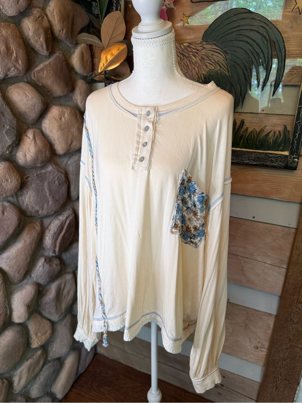 POL Cream Long-Sleeve Henley Top with Blue Floral Pocket and braided detail S